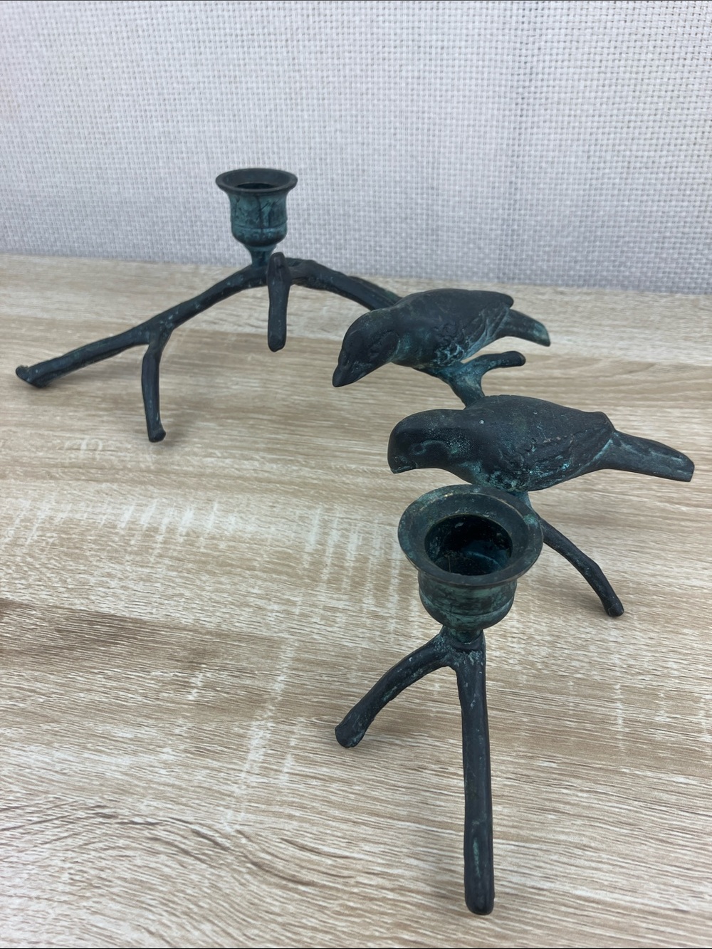 Vintage Brass Birds On A Branch Candle Holder Verdigris Patina